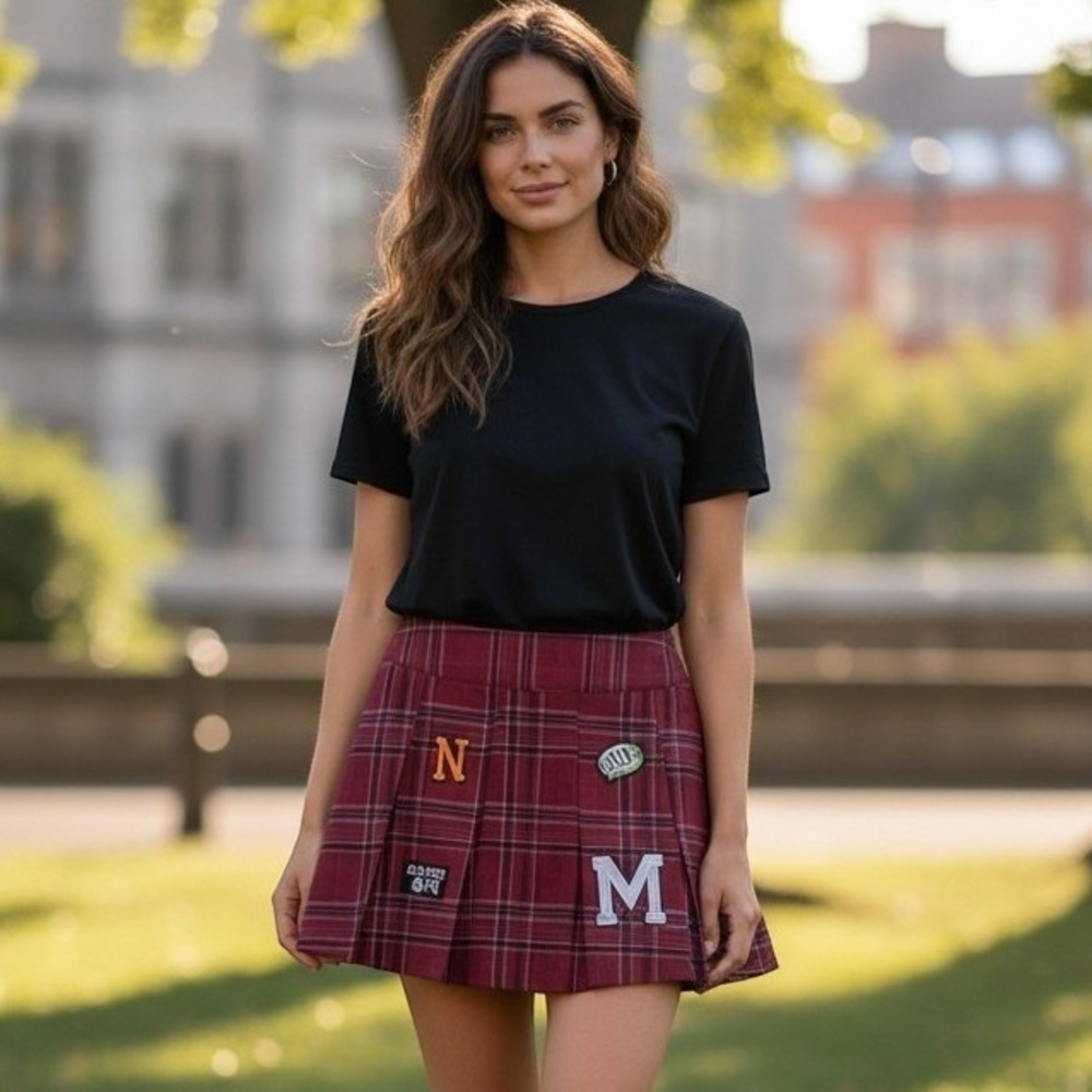 No Boundaries Plaid Pleated Mini Skirt Varsity Patches Juniors Medium Academia